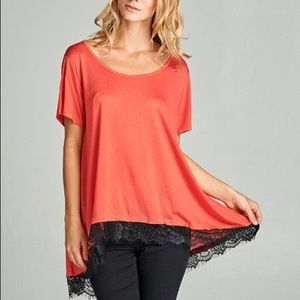 Brick & Black Lace-Trim Hi-Low Top